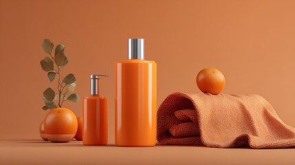 Orange skincare bottles with towel on blue background for warm wellness product branding and self-care photography composition setup