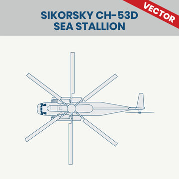 Technical Line Drawing of Helicopter Sikorsky CH-53D Sea Stallion 2D Engineering Rendering Sketch Vector Illustration Top View Angle