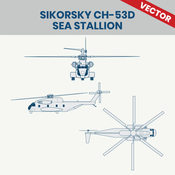 Technical Line Drawing of Helicopter Sikorsky CH-53D Sea Stallion 2D Engineering Rendering Sketch Vector Illustration Front Side and Top View Angle