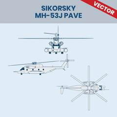 Technical Line Drawing of Helicopter Sikorsky MH-53J Pave 2D Engineering Rendering Sketch Vector Illustration Front Side and Top View Angle