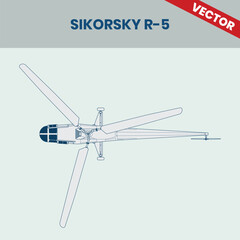 Technical Line Drawing of Helicopter Sikorsky R-5 2D Engineering Rendering Sketch Vector Illustration Top View Angle