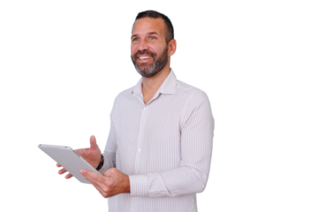 Middle-aged man with beard holding digital tablet, presenting information, smiling, and looking away on transparent background