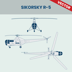 Technical Line Drawing of Helicopter Sikorsky R-5 2D Engineering Rendering Sketch Vector Illustration Front Side and Top View Angle
