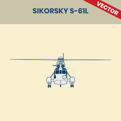 Technical Line Drawing of Helicopter Sikorsky S-61L 2D Engineering Rendering Sketch Vector Illustration Front View Angle