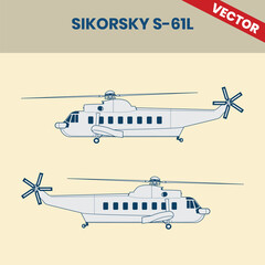 Technical Line Drawing of Helicopter Sikorsky S-61L 2D Engineering Rendering Sketch Vector Illustration Side View Right and Left Angle