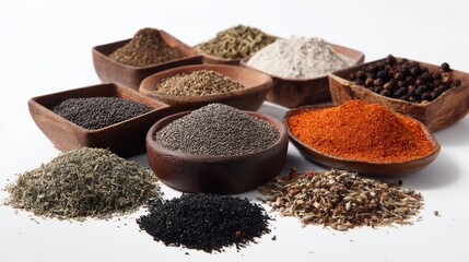 Spices in wooden bowls on white surface for global culinary ingredients branding and food product photography