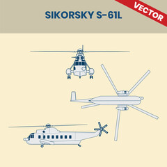 Technical Line Drawing of Helicopter Sikorsky S-61L 2D Engineering Rendering Sketch Vector Illustration Front Side and Bottom View Angle