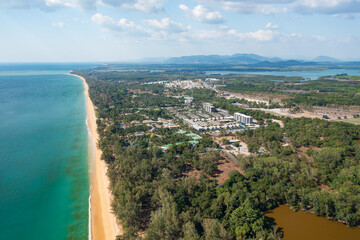 Fototapeta premium Aerial view from a drone of beautiful beach and coastline of Phuket island, Thailand.