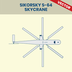 Technical Line Drawing of Helicopter Sikorsky S-64 Skycrane 2D Engineering Rendering Sketch Vector Illustration Bottom View Angle