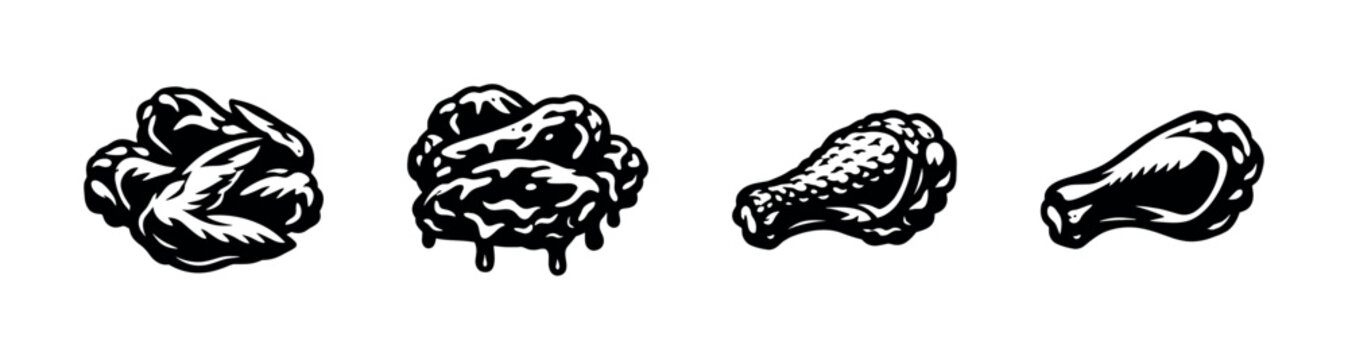 Grilled chicken vector illustration, flat vector, wings, drumsticks, food icons
