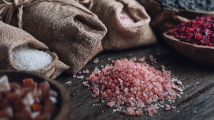 Salt, herbs, and grains in jute bags for wellness product packaging and organic food photography branding concepts