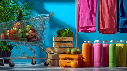 Shopping cart with groceries and activewear for healthy lifestyle and fitness branding in product photography visuals
