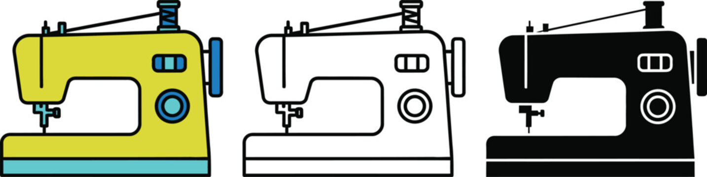 Three colorful sewing machines in yellow, white, and black yellow sewing machine white sewing machine