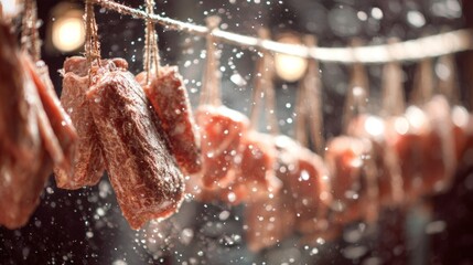 Hanging sausages under warm lights for meat branding and artisanal food product photography with rustic butcher style