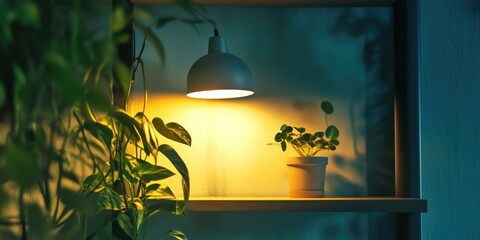 A plant is sitting on a shelf next to a light