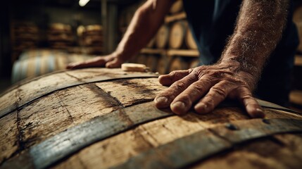 Photorealistic close-up of a winemaker's hands pushing and rolling a large oak wine barrel in a traditional cellar, sense of motion and authentic winery atmosphere