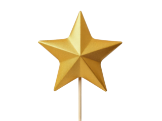 A shiny gold star is placed on top of a stick, set against a plain white background