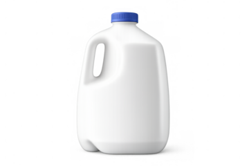 White plastic milk jug with blue cap and handle, gallon size, generic dairy beverage packaging on transparent background