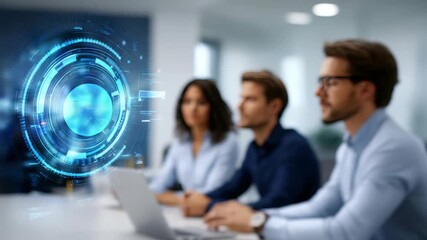 Futuristic digital interface with holographic HUD elements displayed in a modern office environment. Professionals analyze advanced technology solutions for business innovation - Powered by Adobe