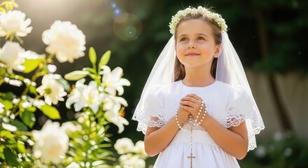 Little girl in pure white ceremonial gown, holding sacred rosary beads with clasped hands, piously gazing heavenward, celebrating her spiritual First Communion amidst glorious blooming garden flowers.