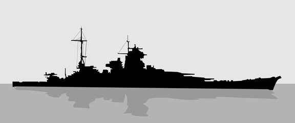 A silhouette of a World War II warship at sea, reflected in the water. Grayscale vector illustration for your naval-themed illustrations. © Сергей Вербовский