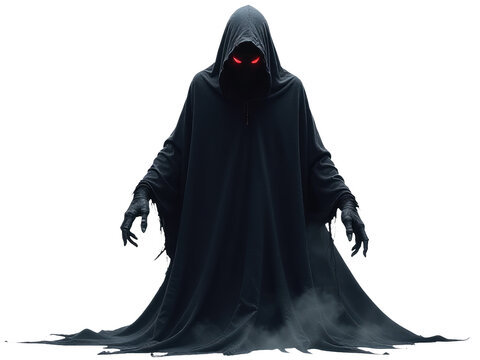 A mysterious figure cloaked in darkness with glowing red eyes