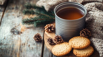 A can of tea is on a wooden table with a plate of cookies and pine cones