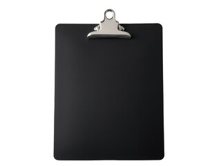 A black clipboard with a silver clip, often used for note-taking and organization