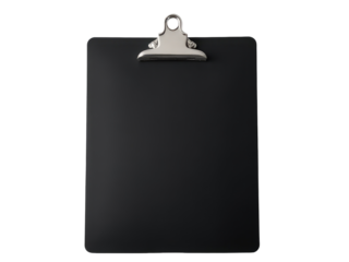 A black clipboard with a silver clip, often used for note-taking and organization