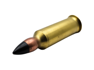 A close-up shot of a single bullet on a white background, great for use in graphic designs or as a symbol