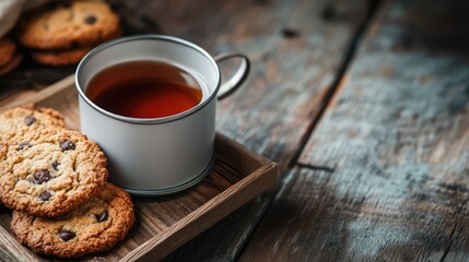 A white cup of tea sits on a wooden tray with a plate of chocolate chip cookies