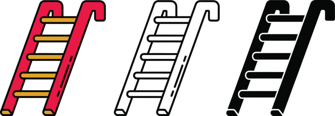 Three ladders in red black and white with yellow rungs isolated on white background © SHAHIN