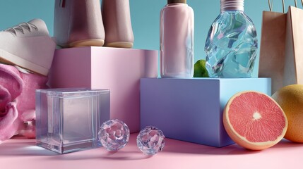 Beauty product display with vibrant pastels and citrus fruit for skincare ecommerce visuals branding photography composition commercial setup