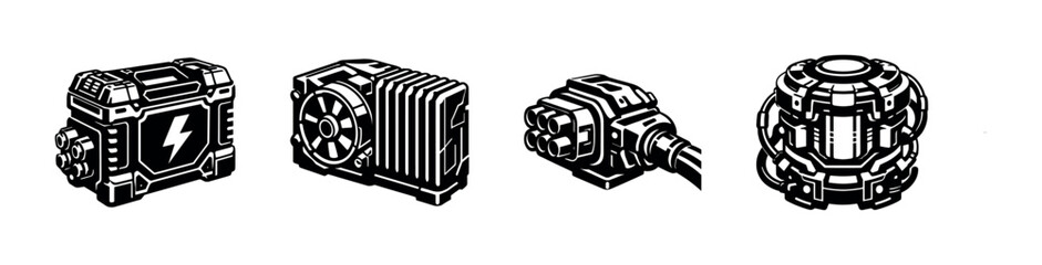 Futuristic technology devices, sci-fi components, machinery, flat vector illustration