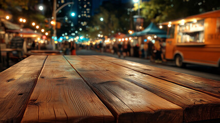 A rustic wooden table in focus, set against a vibrant nighttime street filled with food trucks and twinkling lights, creating a lively atmosphere.