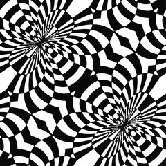 Full Seamless op art spiral pattern. Inverted vortex shapes create optical print. High contrast vector background for posters, fashion textiles, wallpaper, decor and branding.