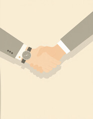Flat vector of a business handshake (two hands with wristwatch), beige skin tones, subtle shadow, blank background.