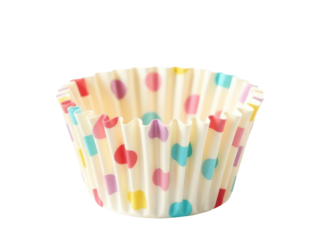 A bright and cheerful cupcake liner featuring colorful polka dots