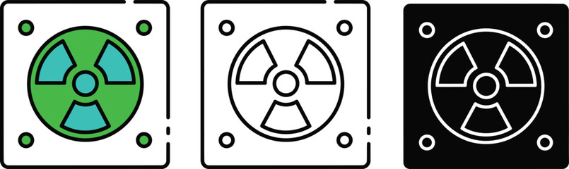 Three radiation hazard symbols in green blue white and black colors on square signs