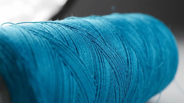 Close up of a spool of vibrant blue thread for sewing and crafts.
