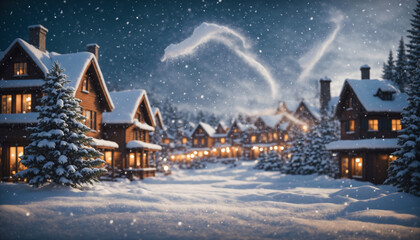 Village in Snowfall with Warm Illuminated Windows &mdash; Cozy Winter Evening
