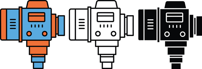 Three retro cameras with different colored bodies and lenses standing side by side vintage