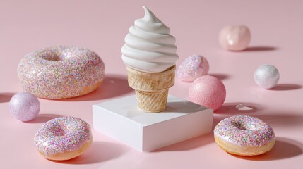 Ice cream cone and donuts with candy on pink background for dessert ecommerce product photography branding visuals composition fun food concept