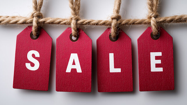 Bright red sale tags hang from twine, boldly displaying the word SALE against a clean white background, signaling exciting discounts and offers.
