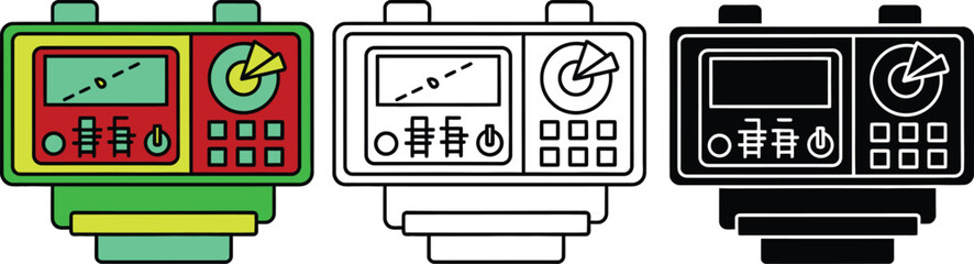 Three retro control panels with colorful buttons and dials vintage