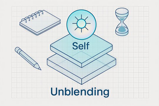 Conceptual framework of self unblending through layered insights, illustrating cognitive process optimization in personal development and mindfulness exploration