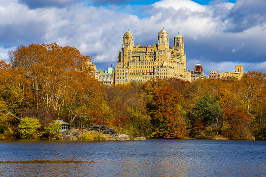 Autumn Central Park lake with San Remo skyline, Manhattan New York City