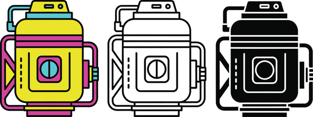 Three retro vacuum cleaners in yellow black and white with colorful accents and tubes