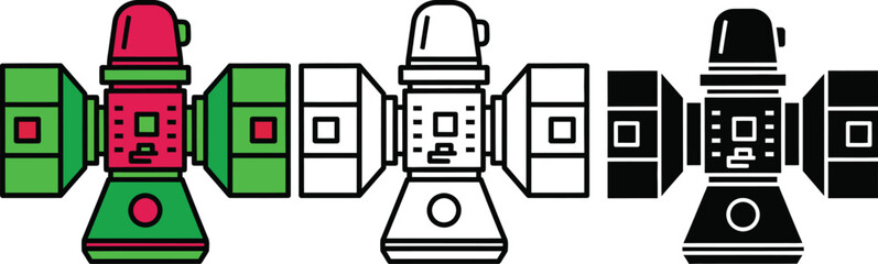 Three robots in green red and black colors standing in a row with different facial expressions