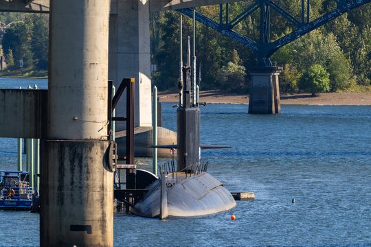 A view of the historic diesel-electric USS Blueback navy submarine and museum on the Willamette River in Portland, Oregon.